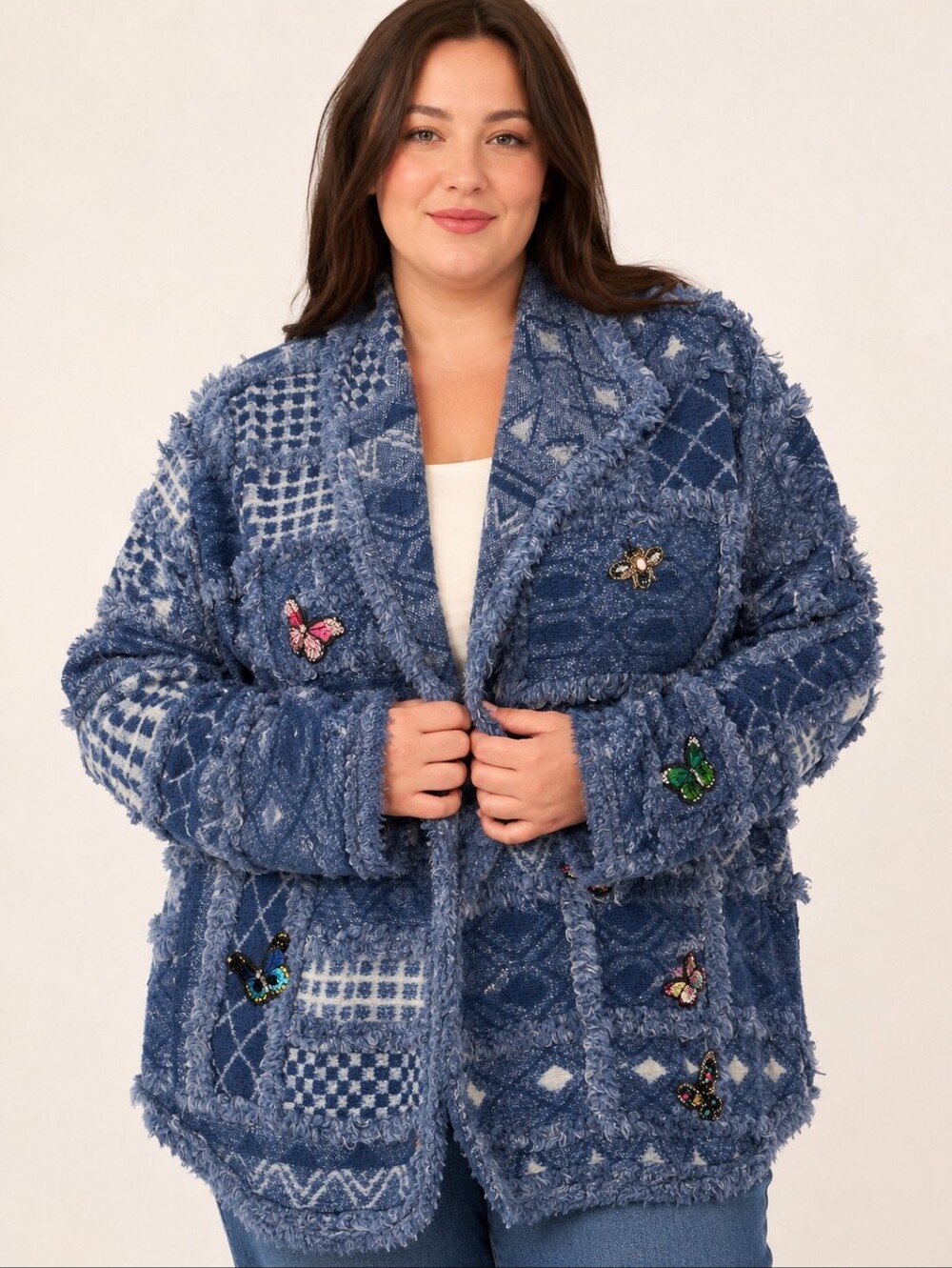 Johnny Was Biya Blue Patchwork Jeweled Butterfly Sweater Jacket 1X